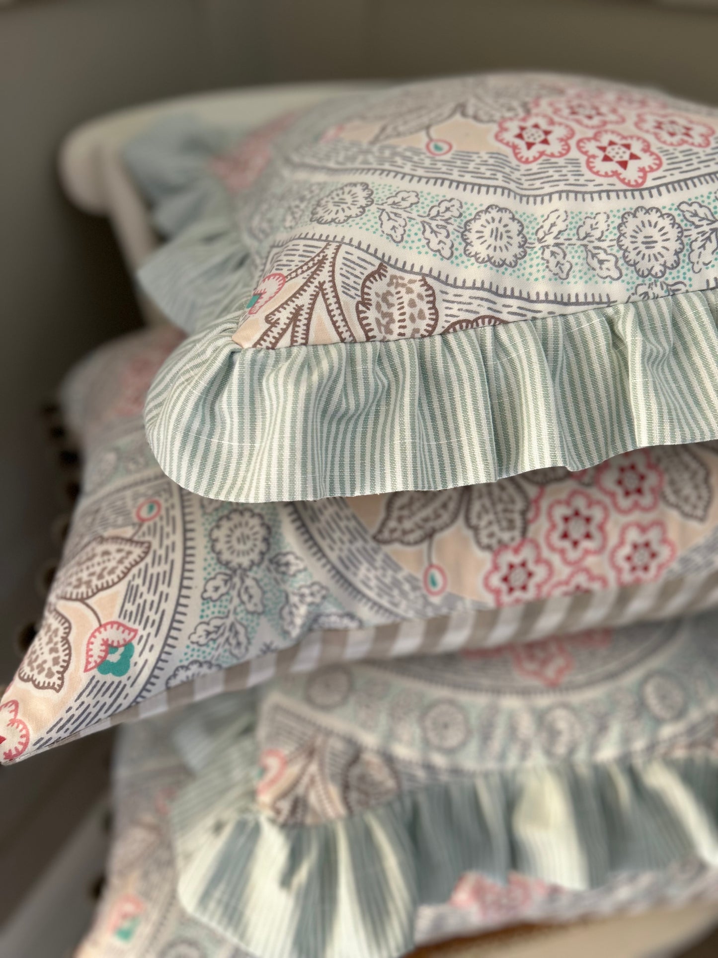 Duck Egg Ticking Stripe Frill Cushion Cover
