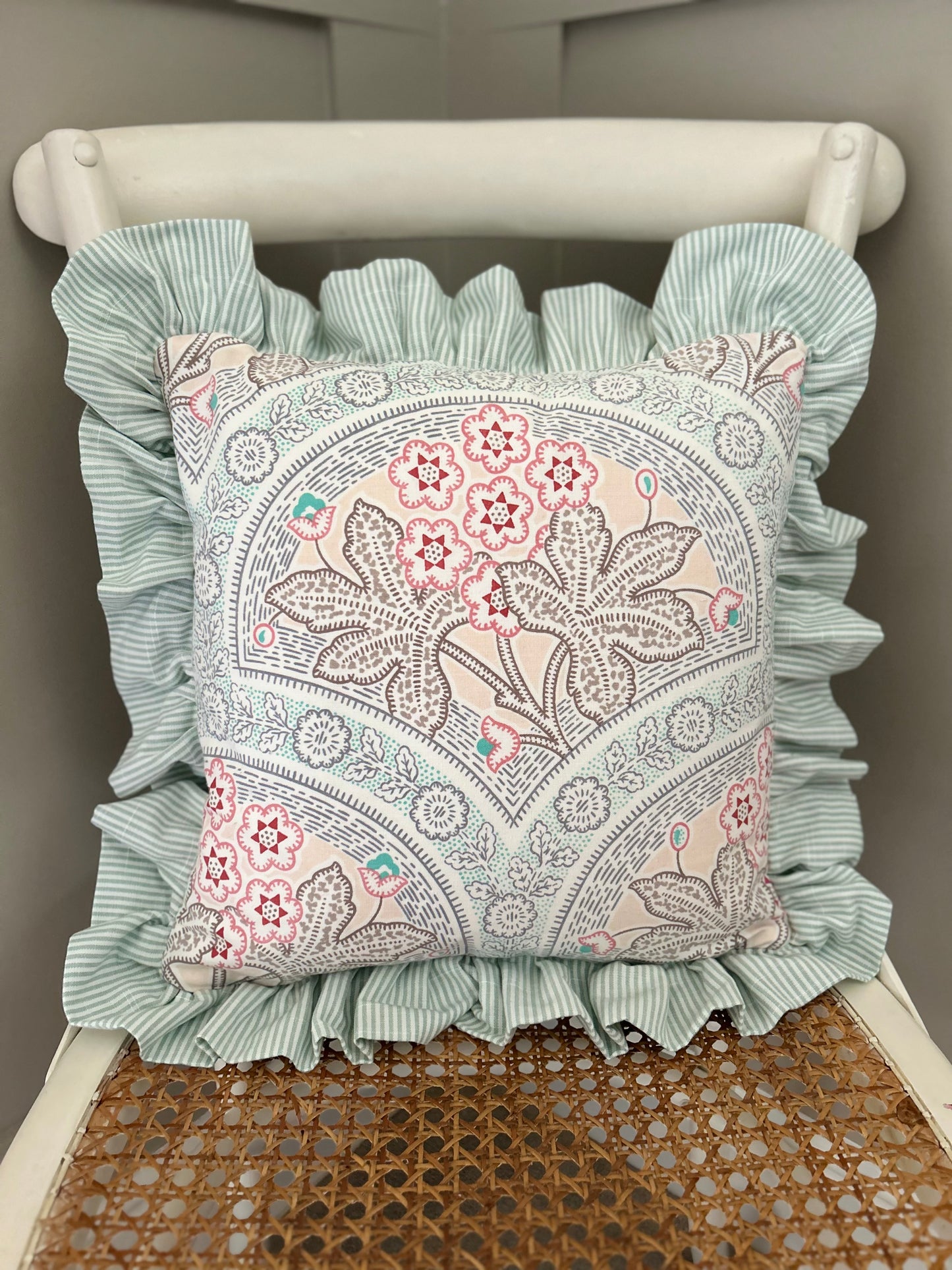 Duck Egg Ticking Stripe Frill Cushion Cover