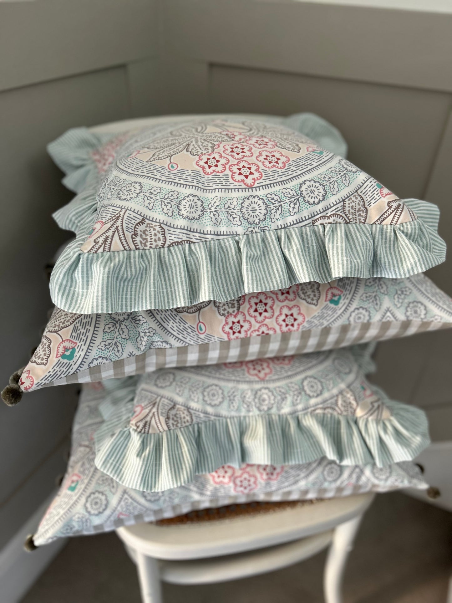 Duck Egg Ticking Stripe Frill Cushion Cover