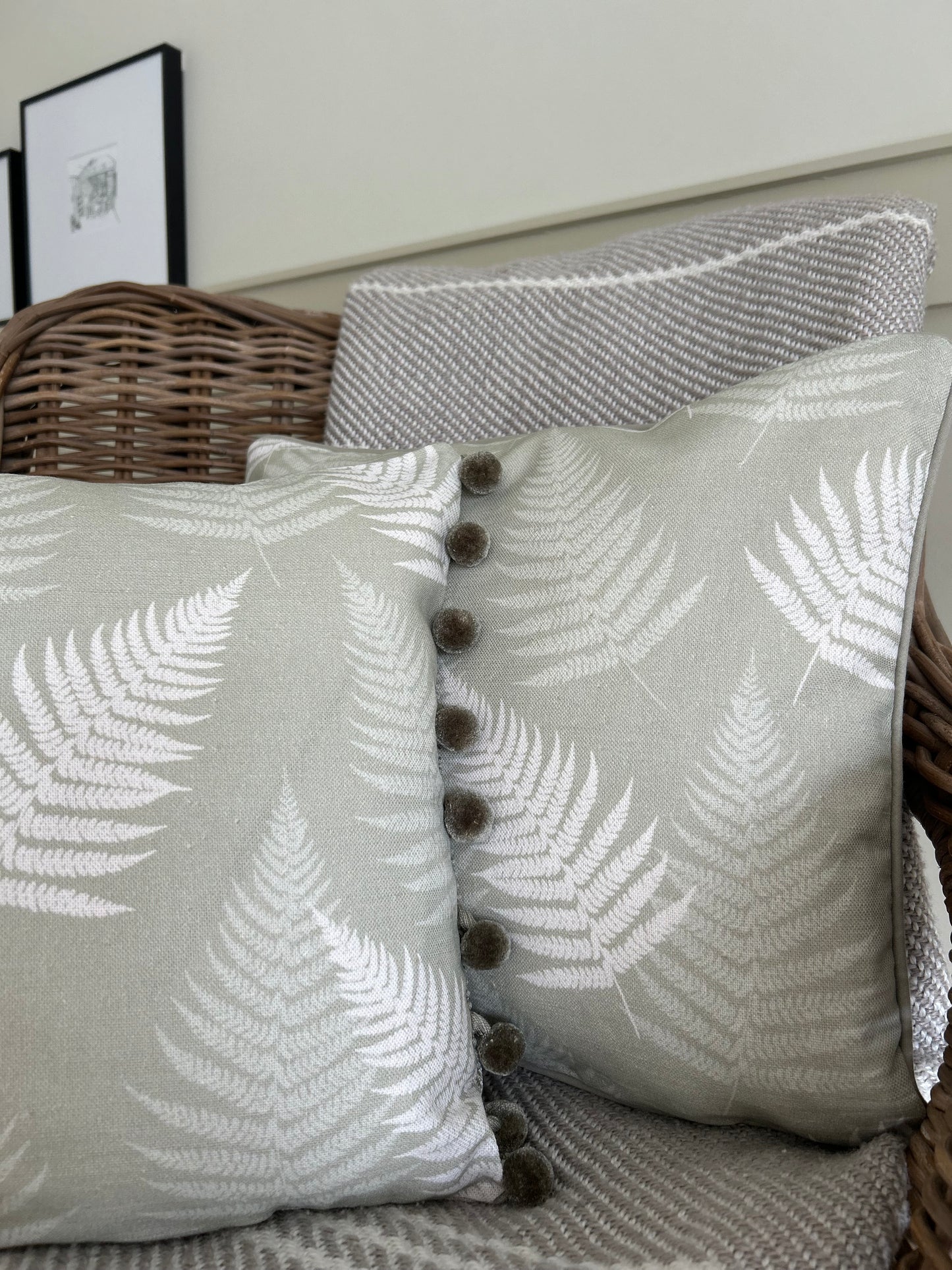 Meg Morton Soft Green Fern with Pom Pom Trim Cushion Cover