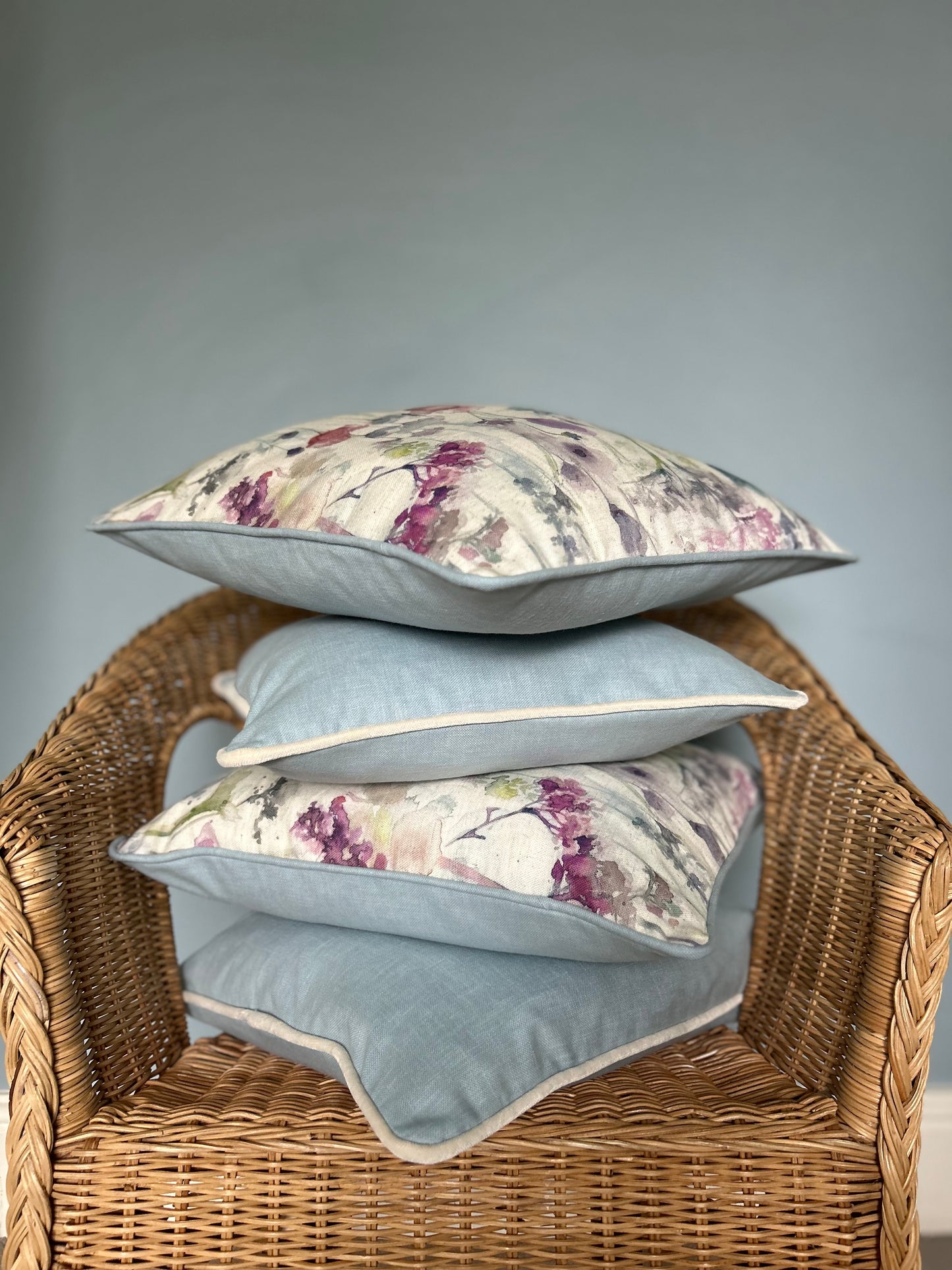 Mid Blue With Stone Velvet Piping Cushion Cover