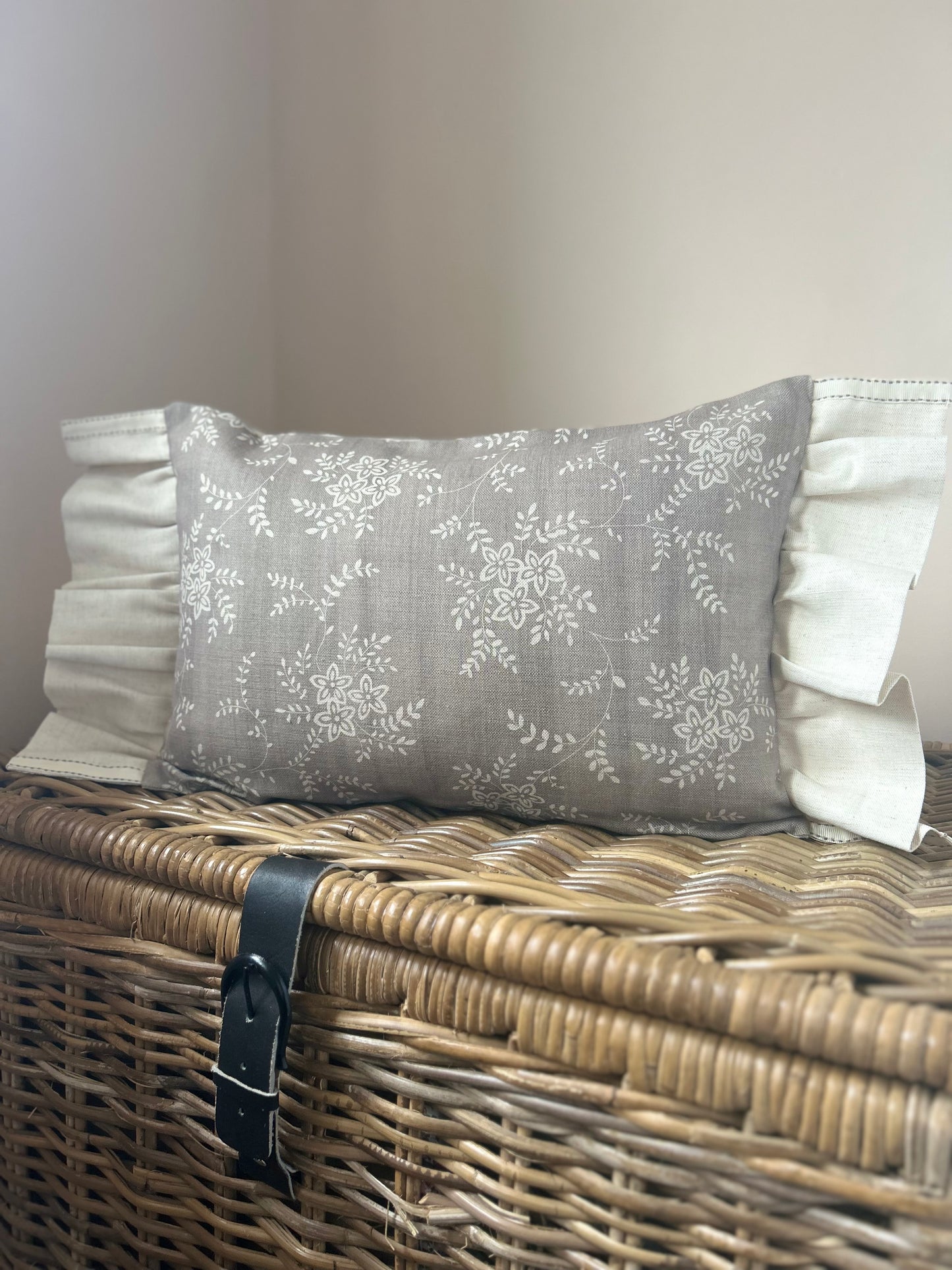 Sarah Hardaker Floral French Grey Frilled Linen Cushion Cover