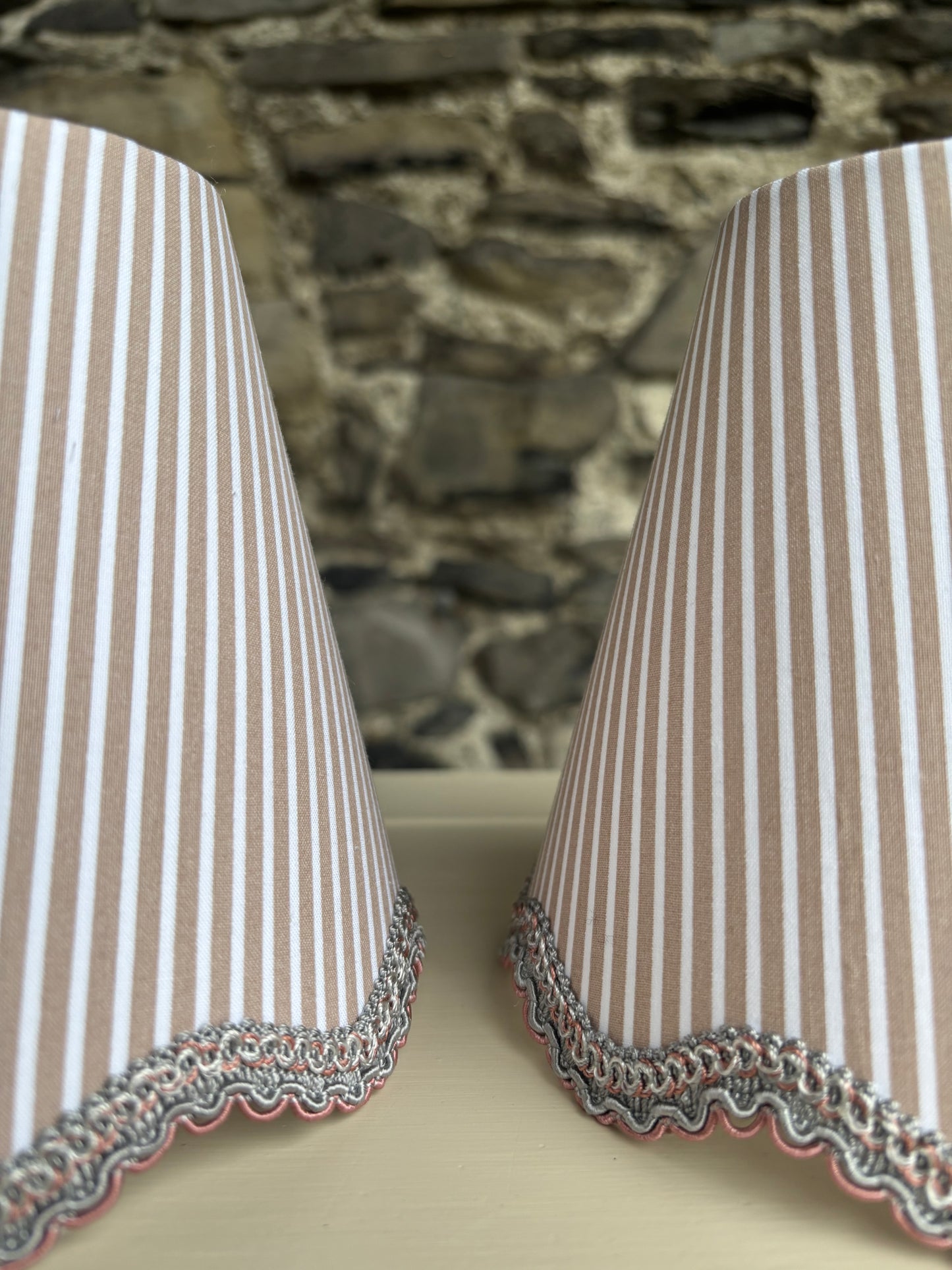 Dark Taupe Ticking Stripe Scalloped Shade