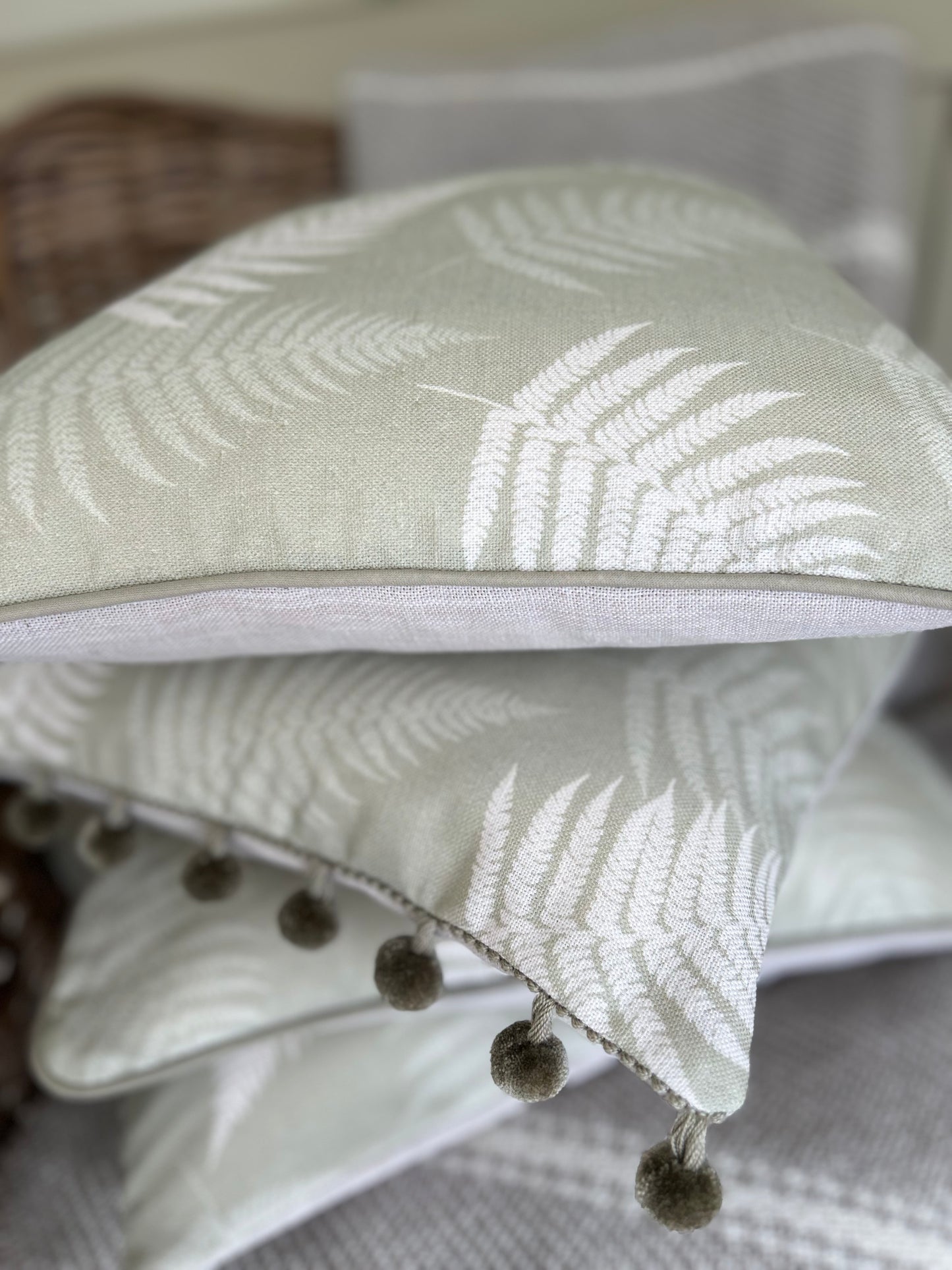 Meg Morton Soft Green Fern Linen Cover with Piping