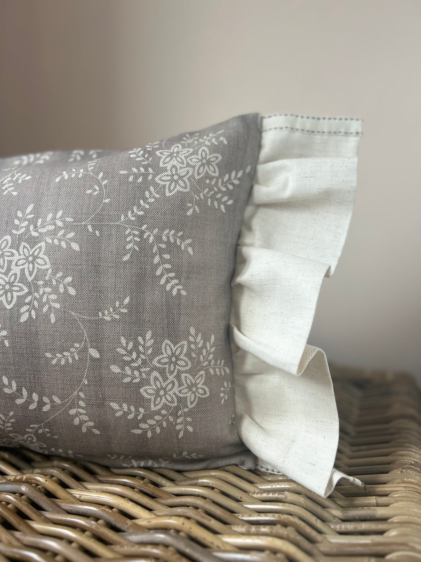 Sarah Hardaker Floral French Grey Frilled Linen Cushion Cover