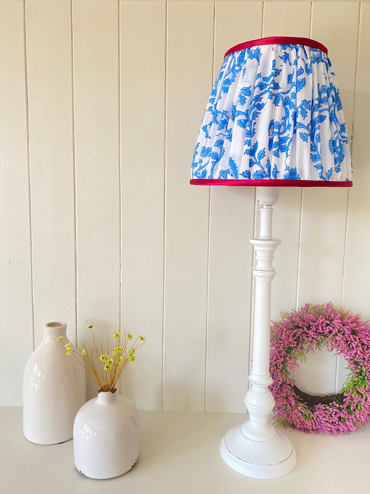 Blue and Fuchsia Indian Block Print Gathered Soft Lampshade