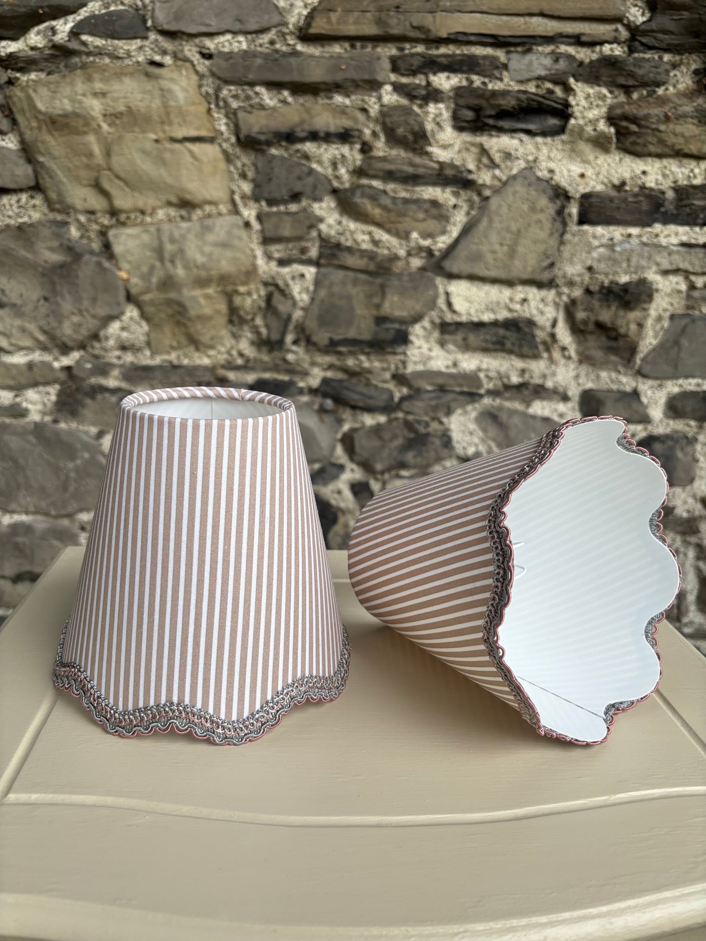 Dark Taupe Ticking Stripe Scalloped Shade