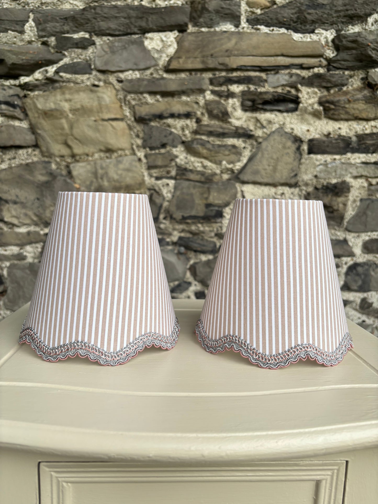 Dark Taupe Ticking Stripe Scalloped Shade