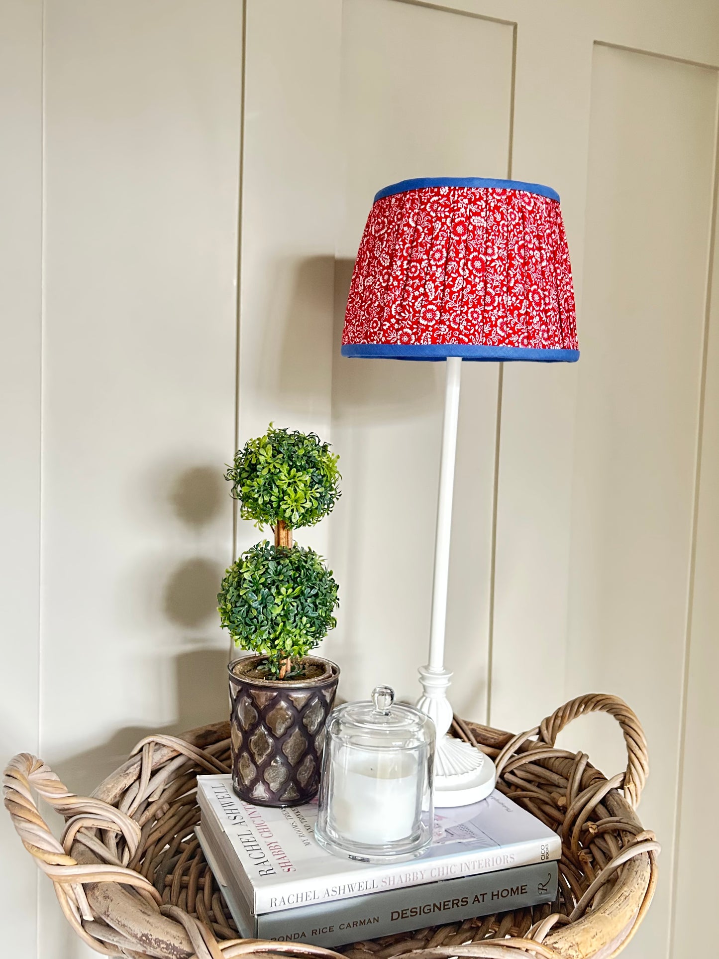 Red Floral & Blue Trim 20cm Pleated Soft Lampshade